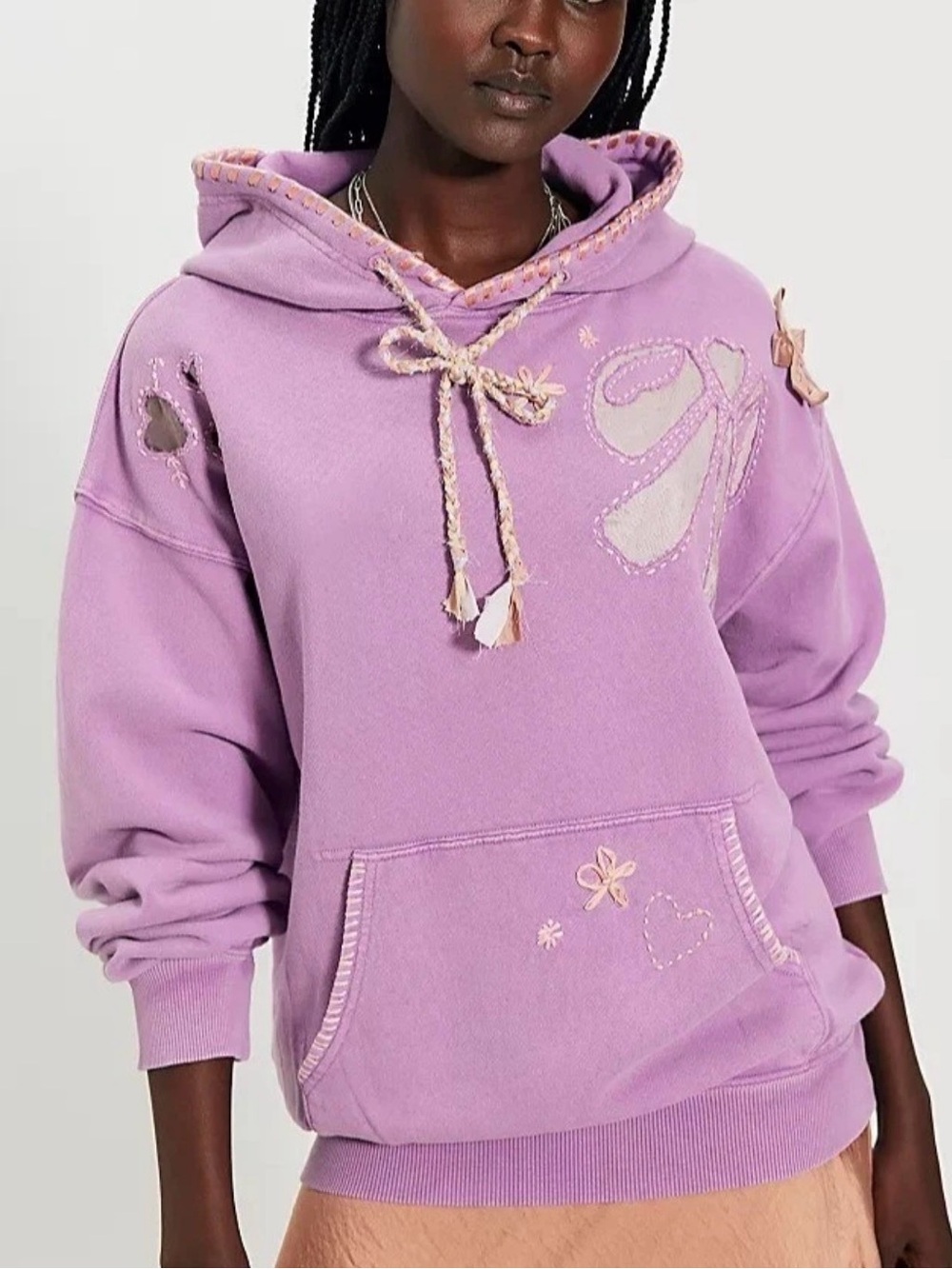 Free People Lavender Pullover Hoodie with Embroidered Accents